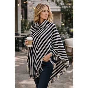 Limited Cape Striped Poncho Cowl Neck Sweater | Cozy Chic Oversized Wrap
